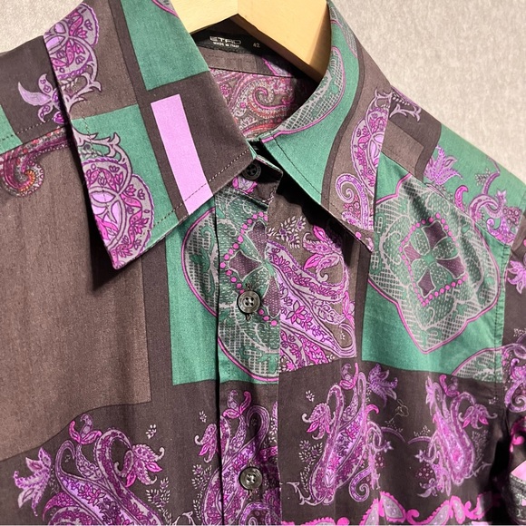 ETRO Shirt Womens Paisley Button Up Long Sleeve Stretch Cotton Purple Italy - Picture 3 of 13